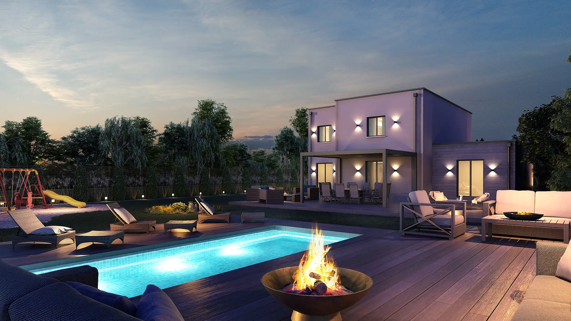 Residential Visualization: Family Backyard Redesign with Pool, Play Area & Natural Stone