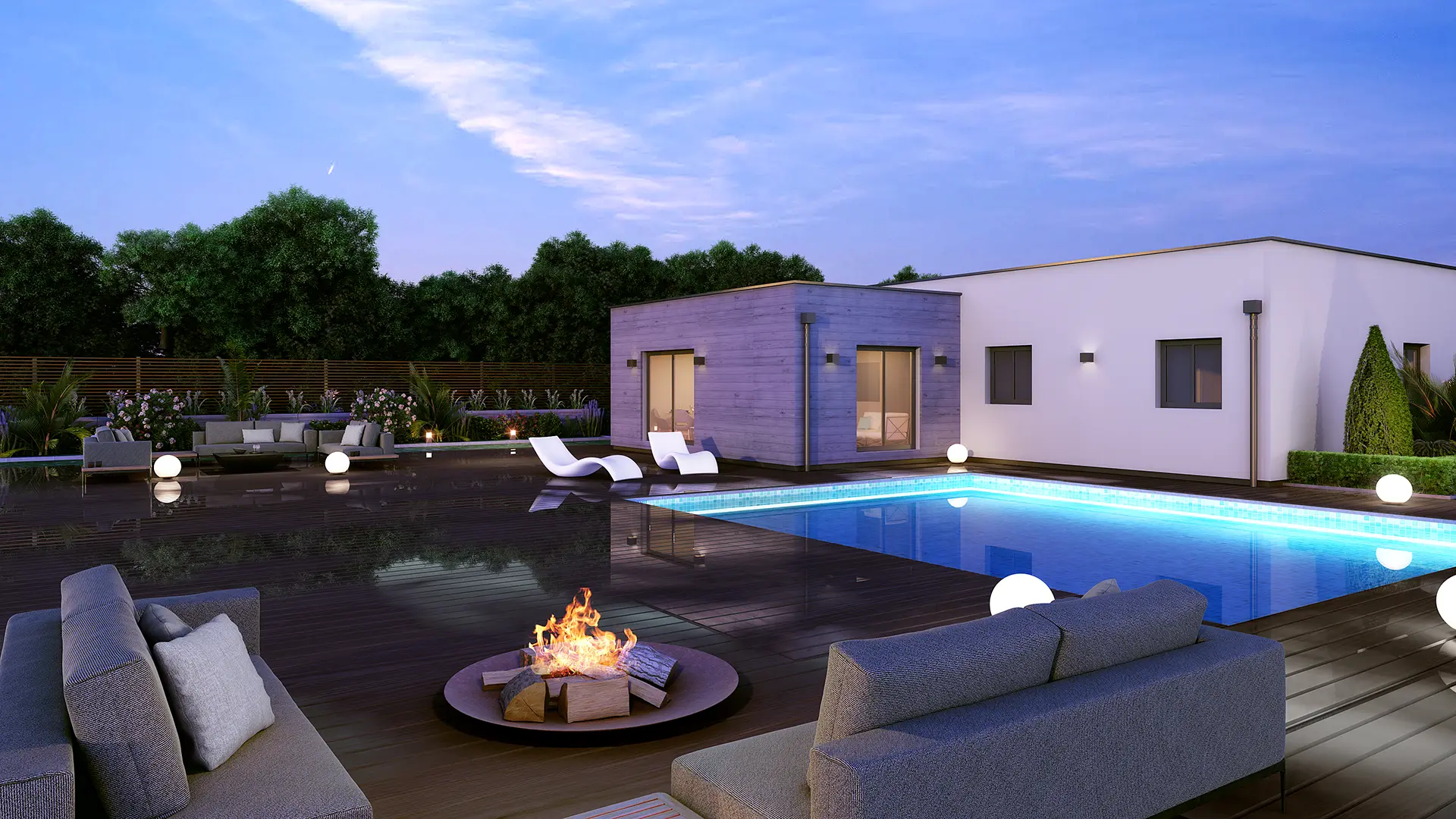Modern Villa Pool, Wooden Deck, and Minimalist Landscaping