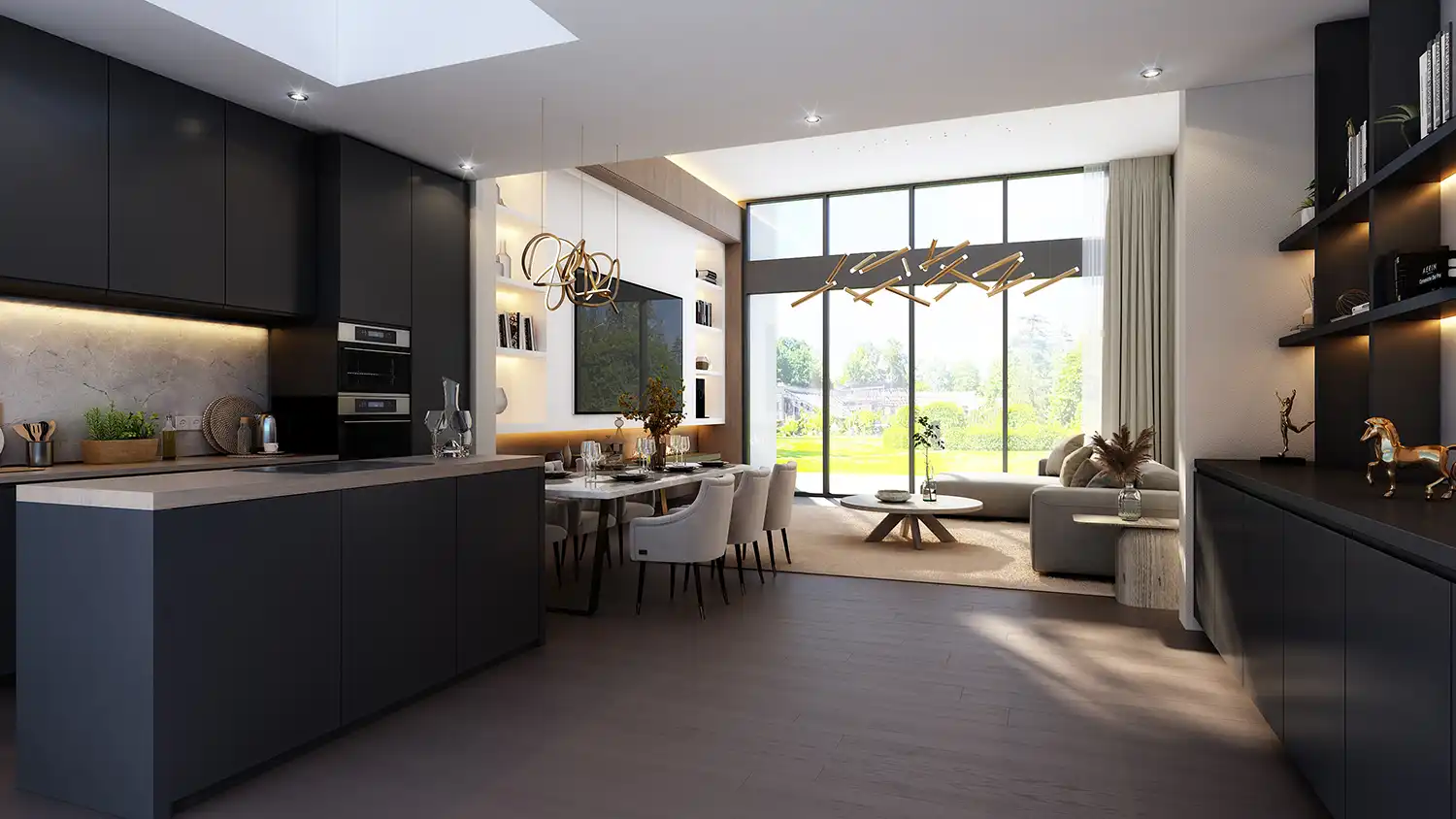 Sleek Grey & Black Modern Kitchen and Open-Plan Living Area