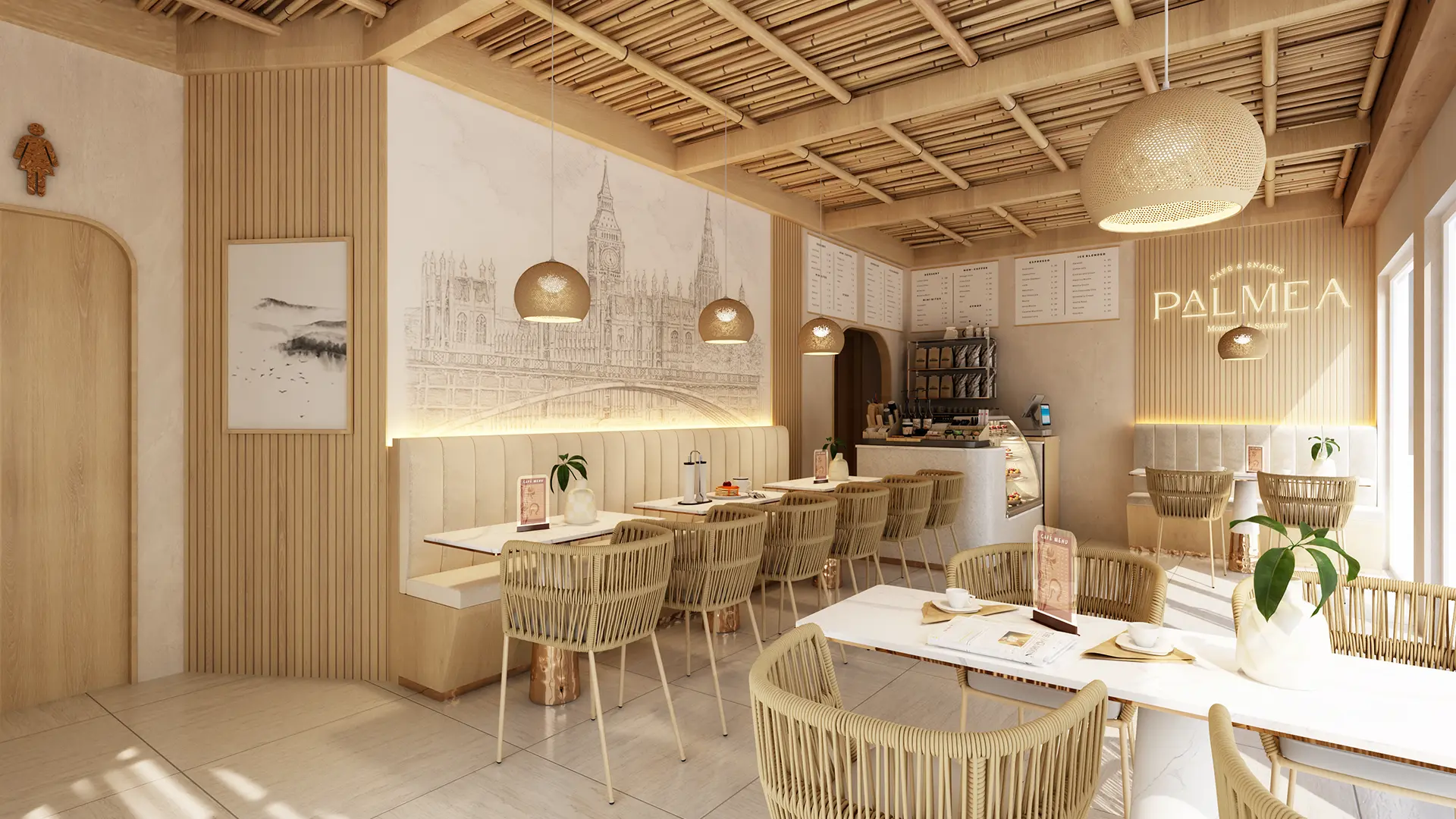 Modern Bamboo Cafe Interior 3D Visualization