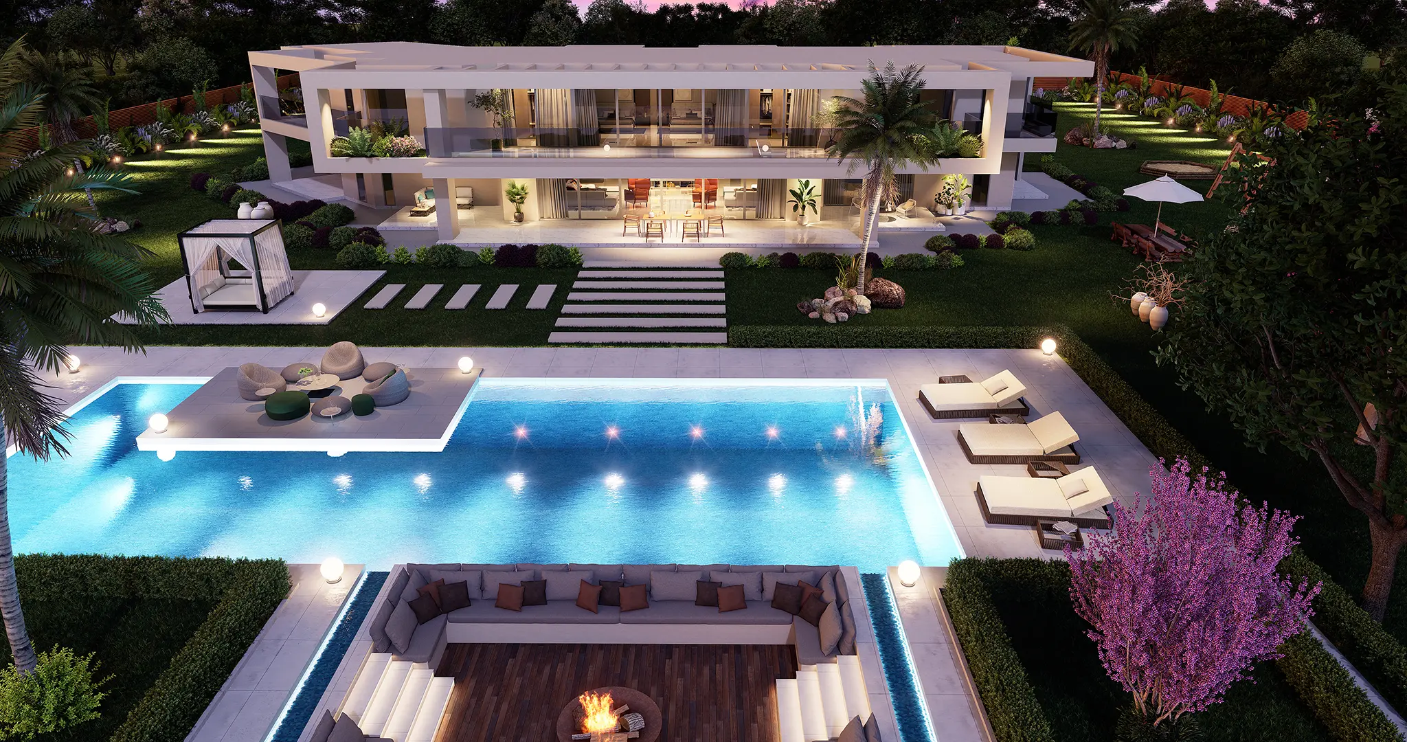 Luxury Villa Backyard Landscape Visualization (Pool & Bonfire)