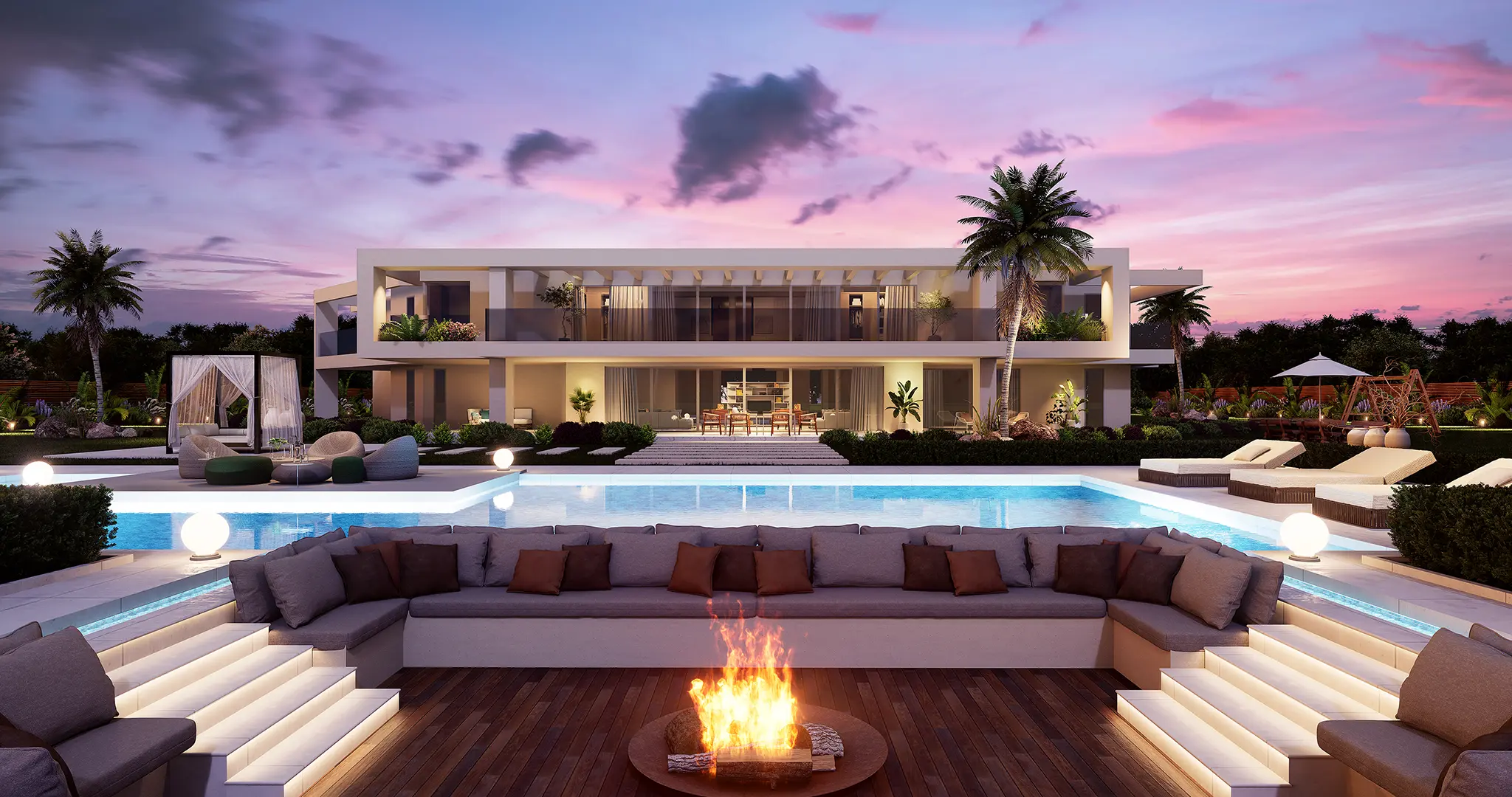 Luxury Villa Backyard Landscape Visualization (Pool & Bonfire) — render 1
