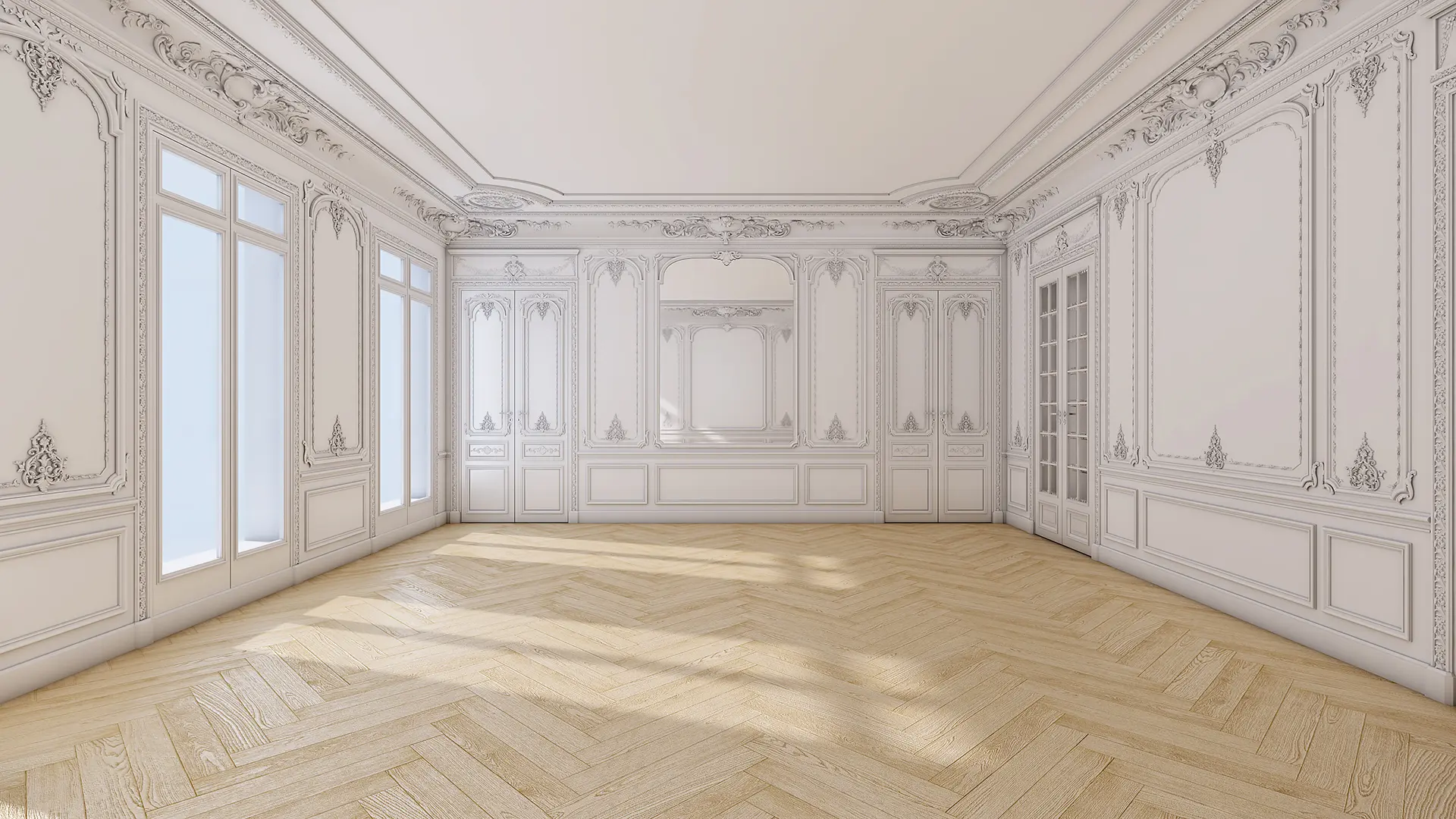 Luxury 3D Interior Visualization: Elegant Apartment Renovation with Classical Molding Details