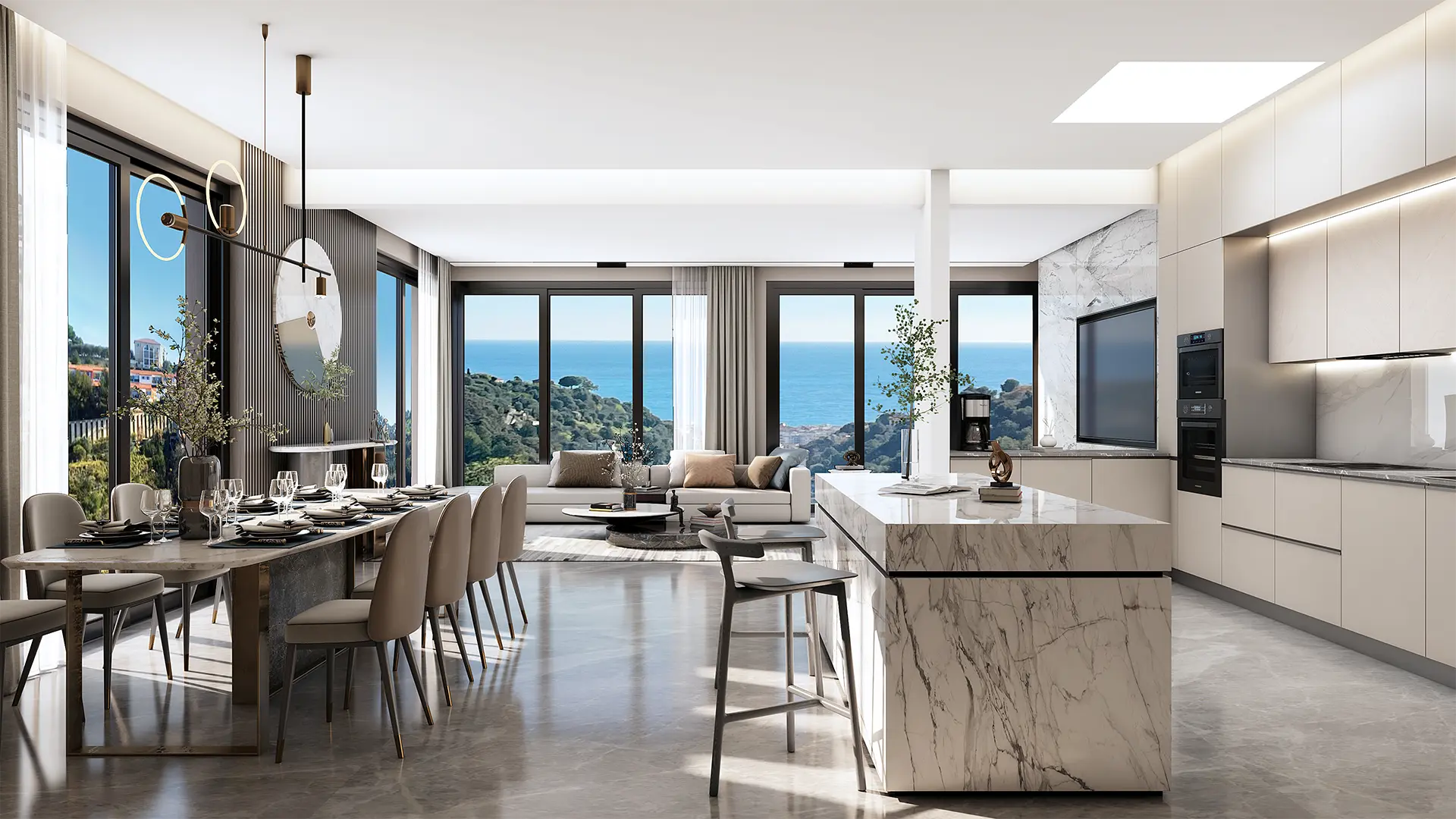 Sea-View Villa Visualization: Contemporary Interiors & Panoramic Mountain Views